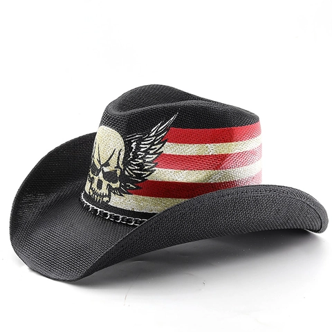 Cappello Da Cowboy Occidentale Vintage Carta Intrecciata Tesa Larga Catena Di Metallo Decorativo Retro Punk Rock Per Uomini Donne