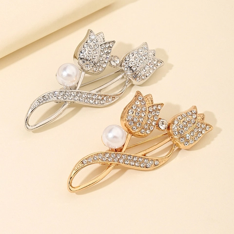 Broche de Flor de Tulipán de Aleación Elegante para Mujer Lujoso Broche de Strass con Perla Artificial para Traje