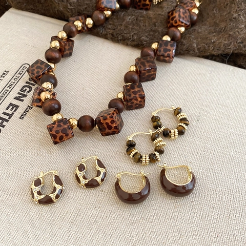 Retro Necklace And Earrings Acrylic Wood Bead Leopard Print Tiger Eye Stone 925 Sterling Silver Earring Post For Women