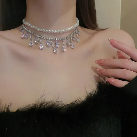 Baroque Layered Necklace With Teardrop Zircon And Artificial Pearl Elegant Copper Rhinestone Choker For Women Banquet Jewelry