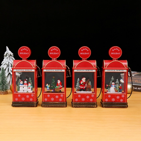 Christmas Snow Globe Water Lamp Vintage Gas Station LED Light Rotating Snow Music Box Tabletop Holiday Decor Gift
