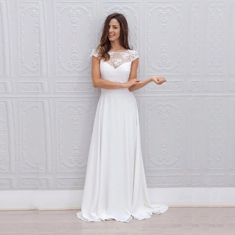 Lace Chiffon Wedding Dress A Line Backless Floor Length Bridal Gown For Women Round Neck Cap Sleeves Embroidery