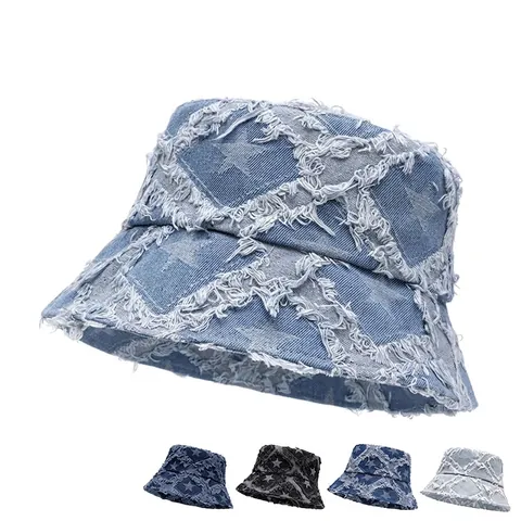 Cappello Alla Pescatora In Denim Da Donna Con Bordo Sfrangiato E Motivo A Stelle Tesa Larga Pieghevole Solare