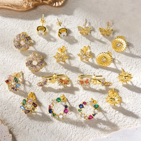 925 Sterling Silver Stud Earrings For Women Sparkling Zircon Gold Plated Elegant Fashion Lightweight Jewelry