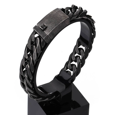 Men Vintage Cuban Link Bracelet Stainless Steel Industrial Style Heavy Chain Matte Black Gunmetal Fashion Jewelry