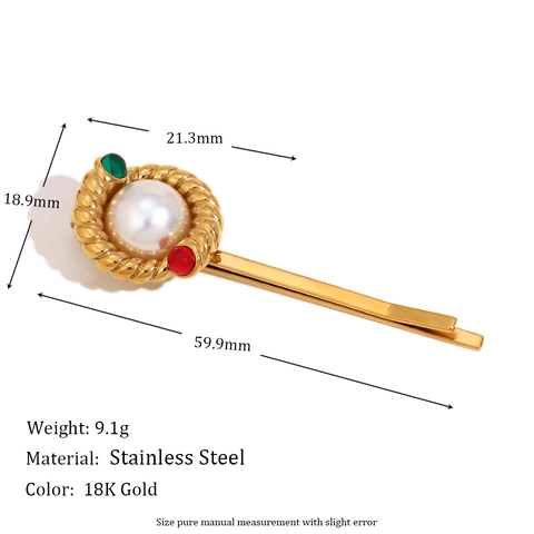 Pinza Para El Pelo Vintage Acero Inoxidable Chapado En Oro 18K Cuerda Trenzada Perla Artificial Piedras Rojas Verdes Mujeres