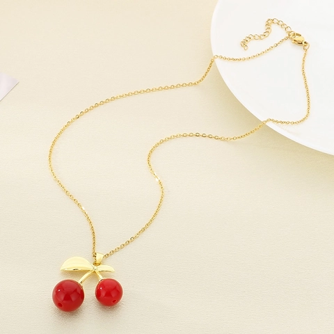 Collana Con Ciondolo A Ciliegia Rossa Dolce Acciaio Inossidabile Smalto Gioielli Frutta Con Strass Per Donne
