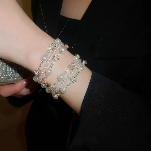 Multilayer Artificial Pearl Rhinestone Wrap Cuff Bracelet Alloy Imitation Artificial Pearls Luxury French Court Style Elegant Jewelry For Women