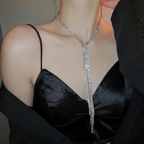 Elegant Long Tassel Necklace Copper Rhinestone Multi Layer Y Shape Choker For Women Party Jewelry