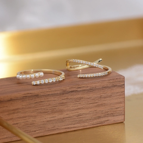 Geometric Cross Open Ring For Women Gold Plated Alloy With Faux Artificial Pearl And Cubic Zirconia Elegant Minimalist Jewelry