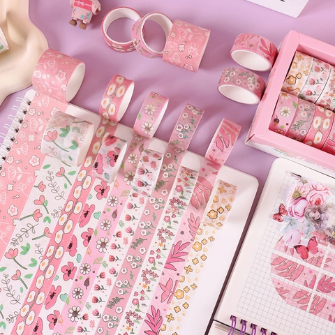 Pink Floral Washi Tape Set Gold Stamping Decorative Masking Tape For Scrapbooking Journaling DIY Crafts Stationery