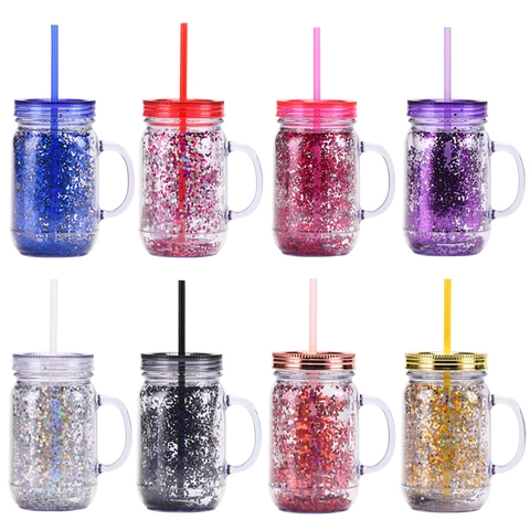 Double Layer Mason Jar Plastic Mug With Straw Handle Glitter Sequin Transparent Insulated Reusable Drinking Cup