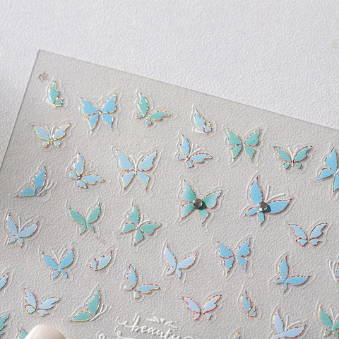 Butterfly Nail Art Stickers Gradient Blue Green Ultra Thin Self Adhesive Decals With Rhinestones Elegant Manicure Decoration
