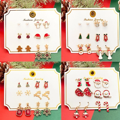 Christmas Stud Earrings Alloy Rhinestone Artificial Pearl Santa Claus Elk Snowman Snowflake Festive Party Jewelry Gift