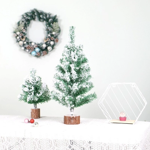 Mini Sapin De Noël Artificiel Floconné Décoration De Table Avec Base En Bois PVC Vert Pour Fête De Maison