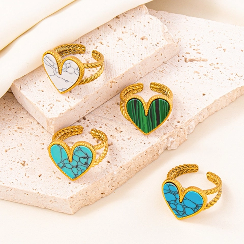 304 Stainless Steel Heart Ring Adjustable Twisted Band Artificial Turquoise Malachite Stone Minimalist Jewelry Women Men