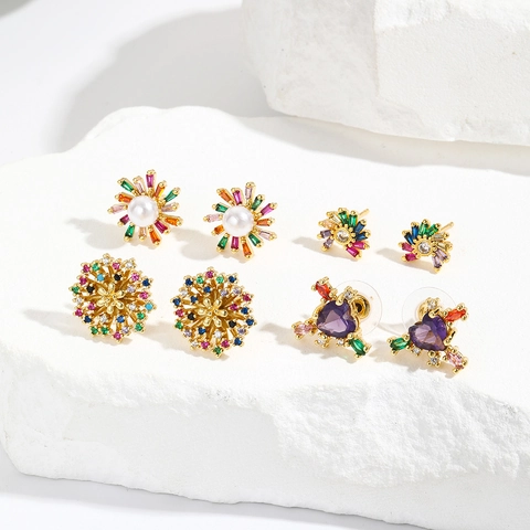 Cubic Zirconia Heart Flower Stud Earrings Copper 18K Gold Plated Geometric Chic Fashion Jewelry Women