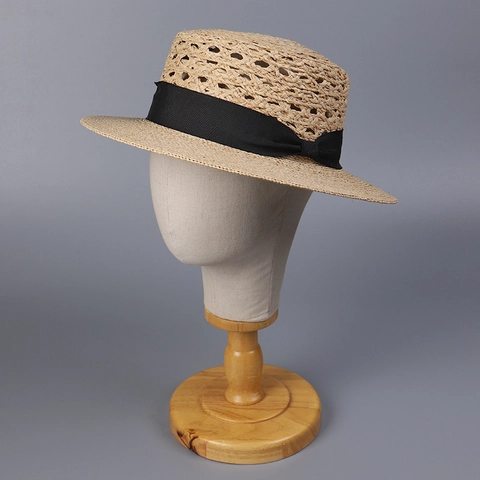 Elegant Raffia Straw Boater Hat For Women Summer Beach Sunshade Breathable Hollow Design Flat Top Wide Brim Ribbon Bow
