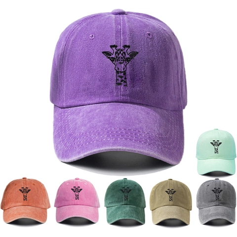 Casquette de Baseball en Coton Lavé Brodée Girafe pour Hommes Femmes Décontracté Distressed Protection Solaire Ajustable Cap