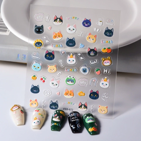 Adesivi Unghie 5D Rilievo Disegni Cartoni Gatto Cane Autoadesivi Impermeabili Decorazione Manicure Per Donne Ragazze