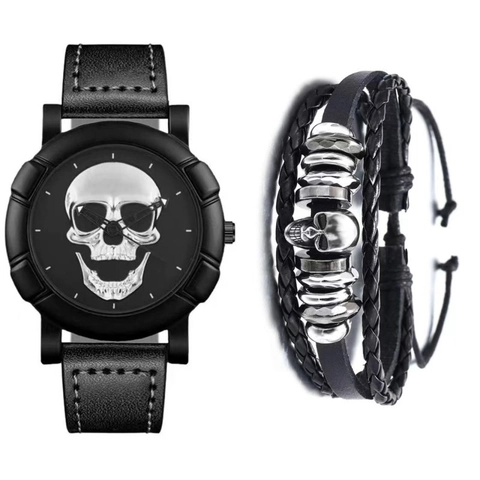 Men Quartz Watch Large Dial Skull Design Punk Hip Hop Style Faux Leather Strap And Braided Bracelet