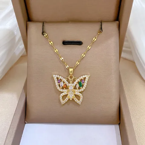 Butterfly Pendant Necklace Titanium Steel Gold Plated Colorful Micro Pave Zircon Luxury Dainty Jewelry For Women
