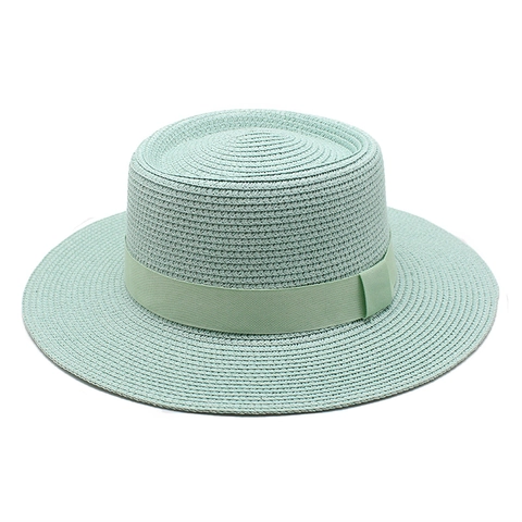 Women Summer Woven Straw Boater Hat Flat Top Wide Brim Sun Protection Beach Vacation Ribbon Band