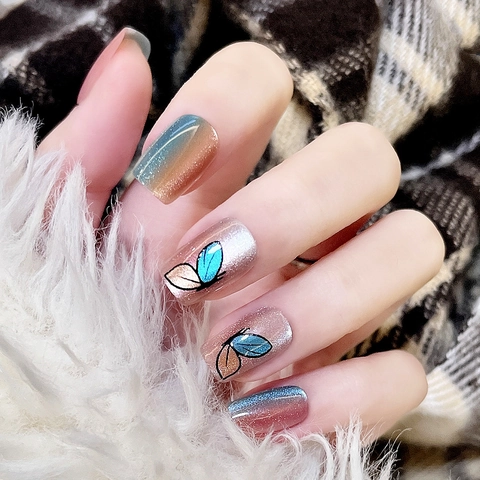 Press On Nails Gradient Blue Pink Butterfly Pattern Shimmer Glitter Cat Eye Short Square Fake Nails