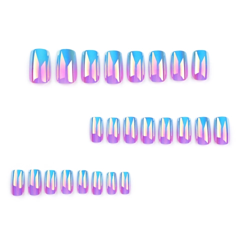 Blue Purple Gradient Press On Nails Iridescent Holographic Metal Texture Short Square Coated False Nails Women