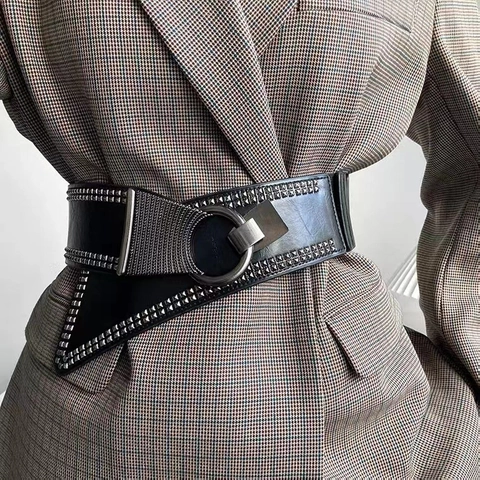 Damen Punk Gothic Schwarz PU Leder Korsettgürtel Mit Metallnieten Legierung Schnalle Elastisch Breit Taillengürtel Für Kleid Anzug