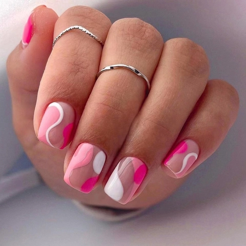 Abstract Wave Press On Nails Short Square Round Resin Pink White Magenta Irregular Curves Sweet Style For Women DIY Manicure
