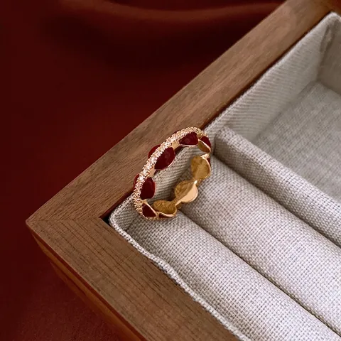 Vintage Red Enamel Open Ring For Women Adjustable Copper Ring With Micro Pave Zircon Korean Style Fashion Jewelry