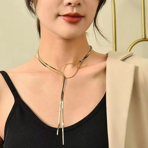 Adjustable Snake Chain Necklace Stainless Steel Gold Plated Double Layer Lariat Y-Shaped Tassel Minimalist For Women