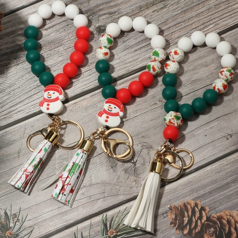 Porte-clés Bracelet en Perles de Silicone de Noël Bonhomme de Neige Flocon de Neige Gland Porte-clés pour Femmes Hommes Alliage Perles Porte-clés Cadeau