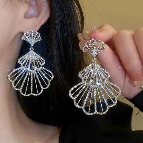 Fan Shape Dangle Earrings Alloy Sparkling Rhinestone Layered Hollow Out Jewelry With Silver Earring Post For Women Luxury