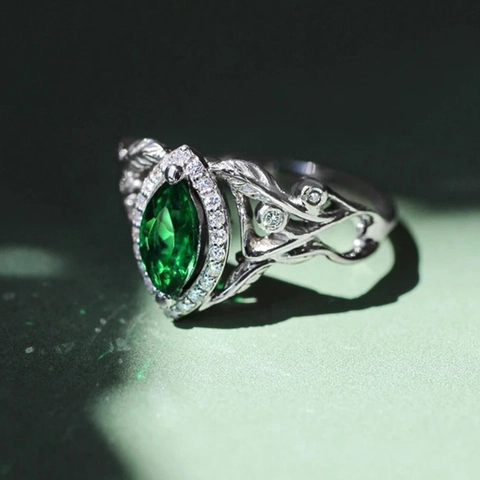 Vintage Marquise Grüner Zirkonia Ring Kupfer Blatt Rebe Design Natur Stil Silber Plattiert Damen Retro Schmuck