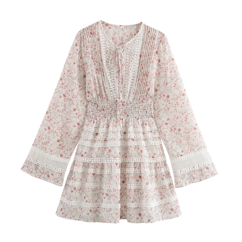 French Style Floral Chiffon Mini Dress With Lace Patchwork Long Sleeve V-Neck Vintage High Waist Pleated Hem For Women