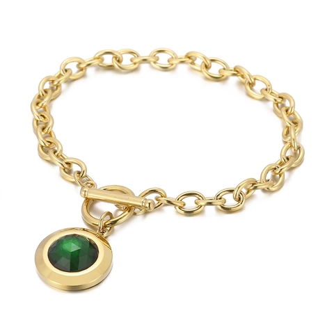 Vintage Stainless Steel OT Buckle Bracelet For Women Retro Round Rhinestone Pendant Toggle Clasp Chain Link Bracelet Jewelry