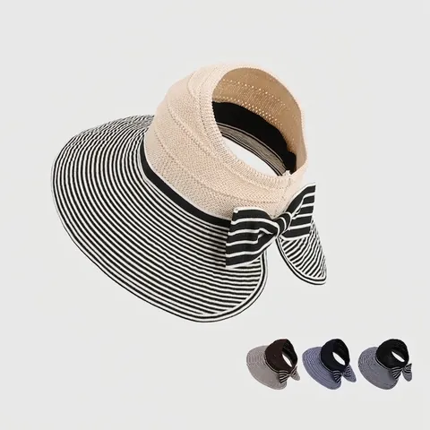 Women Summer Sun Visor Hat Wide Brim Striped Empty Top Breathable Foldable Bow Decor Outdoor Beach Travel Polyester