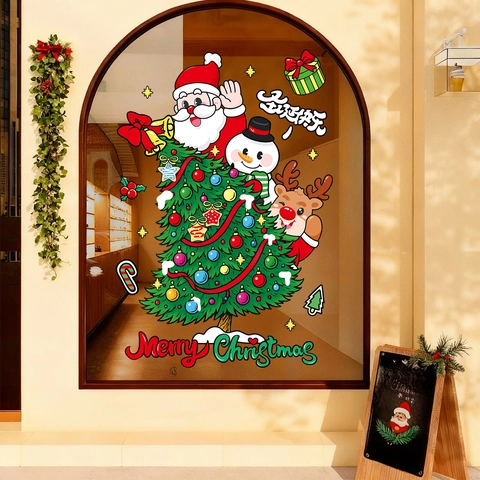 Christmas Window Stickers Static Cling Gold Reindeer Wreath Snowflakes Xmas Tree PVC Glass Decals Holiday Decor