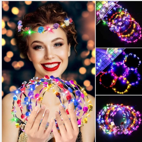 LED Glowing Flower Crown Luminous Satin Rose Garland Headband For Festival Wedding Party Hair Accessories Women Girls
