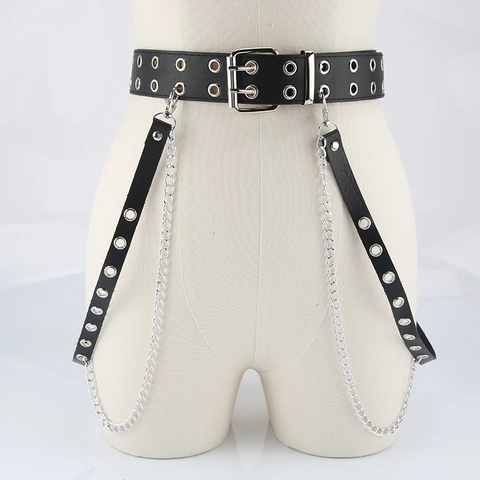 Punk Gothic PU Leren Oogjes Riem Met Afneembare Metalen Ketting Beenriem Streetwear Stijl Voor Dames