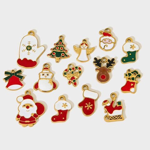 Stainless Steel Christmas Charms Enamel Santa Snowman Reindeer For DIY Jewelry Making Accessories