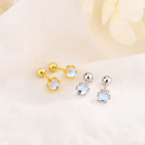 Eleganti Orecchini a Bottone in Rame con Pietra di Luna da Donna Minimalisti Coreani Geometrici Tondi con Chiusura a Vite