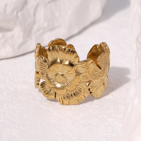 Bague Fleur Acier Inoxydable Plaqué Or 18K Ajustable Ouverte Vintage Bijoux De Niche