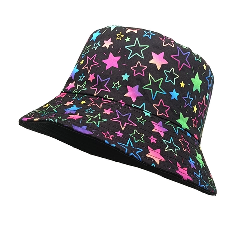 Kleurrijke Ster Pentagram Patroon Vissershoed Polyester Zonbescherming Outdoor Streetwear Retro Voor Heren Dames