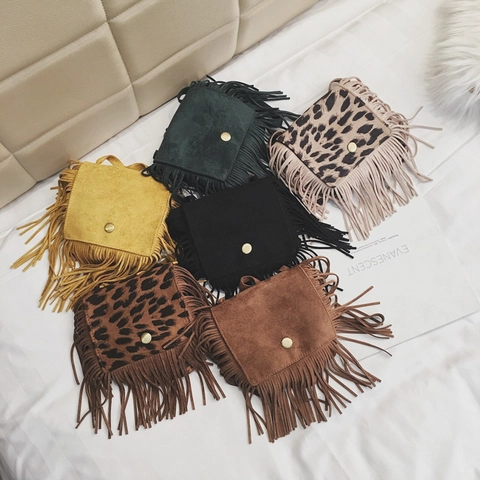 Toddler Girls Crossbody Bag Suede Leopard Print Tassel Fringe Fashion Small Shoulder Purse With Metal Button