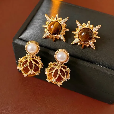 Orecchini Vintage Retrò Occhio Di Tigre Con Zircone Stelle Künstliche Perle Decorazione Perno In Argento Elegante Per Donne