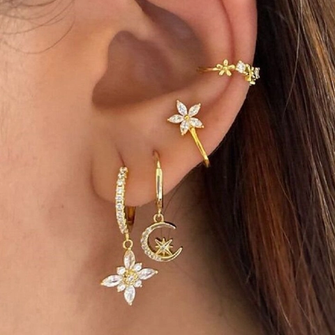 Luxus Kupfer Zirkonia Eingelegt Stern Mond Blume Ohrringe Für Damen Elegante Gold Silber Überzogene Ear Cuffs Mode Schmuck