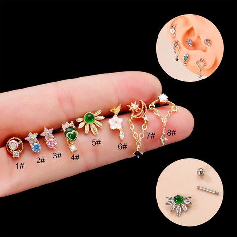 Orecchino Piercing Elica Asta Acciaio Inossidabile Rame Zircone Cartilagine Gioielli Fiore Cuore Luna Stella Vite Sfera